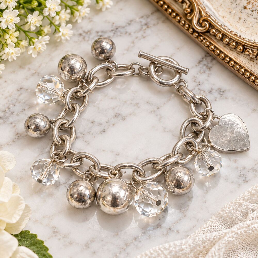 Chico's Silver Tone Charm Bracelet Faceted Clear Beads Heart Toggle Clasp 8"